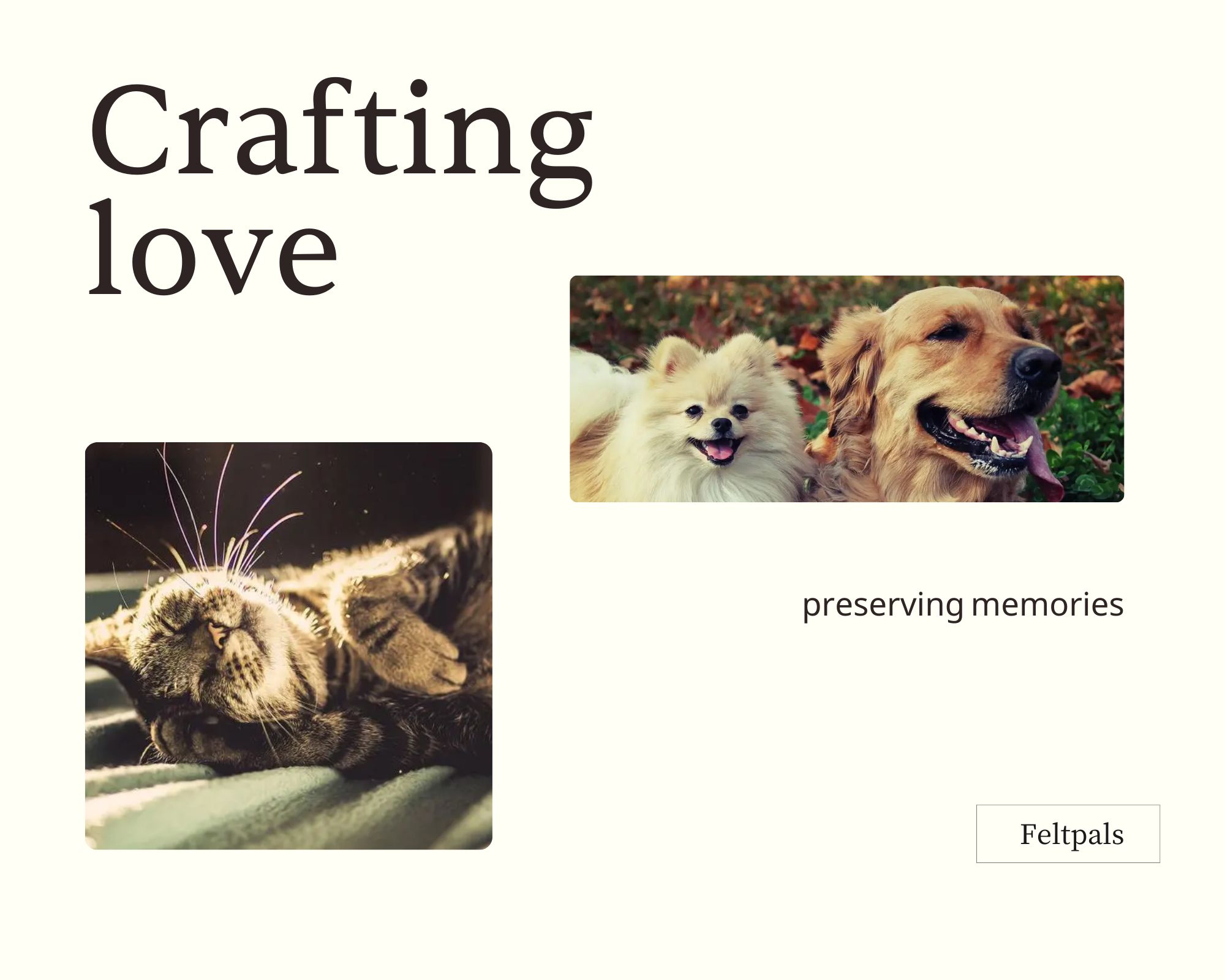 A promotional image for Feltpals with the text 'Crafting love' and 'preserving memories,' featuring photos of a content sleeping cat and two happy dogs in a park.