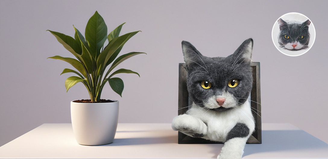 A realistic wool felt cat sculpture, with its head and paw resting outside a frame, next to a potted green plant.