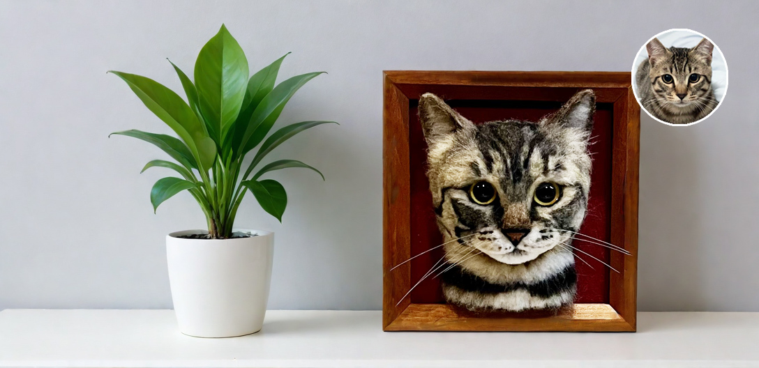 A realistic wool felt portrait of a tabby cat with large, expressive eyes and detailed facial markings, mounted in a wooden frame with a red background, displayed next to a potted plant on a white surface. A small inset shows the original photo of the cat.