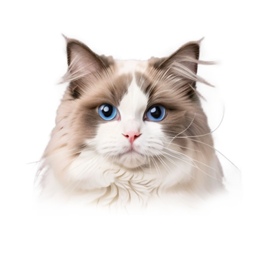 A detailed portrait of a Ragdoll cat with striking blue eyes and a fluffy white and cream-colored coat.