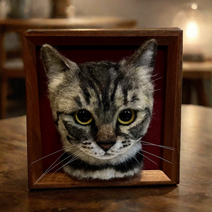 A realistic wool felt portrait of a tabby cat with large, expressive eyes and detailed facial markings, mounted in a wooden frame with a red background, displayed on a wooden table.