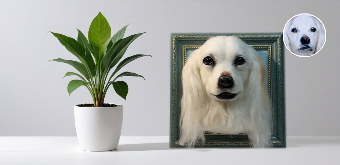 A realistic wool felt portrait of a white dog with long fur, displayed in an ornate green frame next to a potted plant on a white surface. A small inset shows the original photo of the dog.