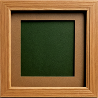 A square picture frame with a natural wood finish and a green inner mat.