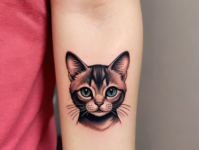 Realistic cat face tattoo with green eyes on a person's forearm.