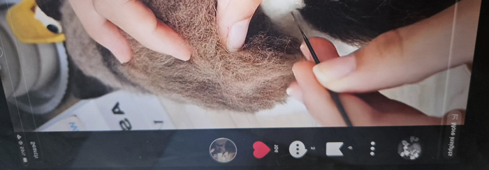 An iPad screen displaying a social media video, where someone is creating a felted wool pet.