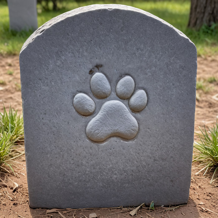 A gravestone with a carved paw print in the center, set in a grassy area.