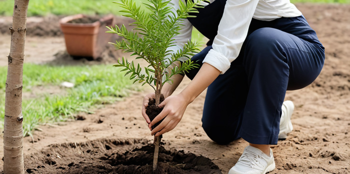 A woman is planting a tree.